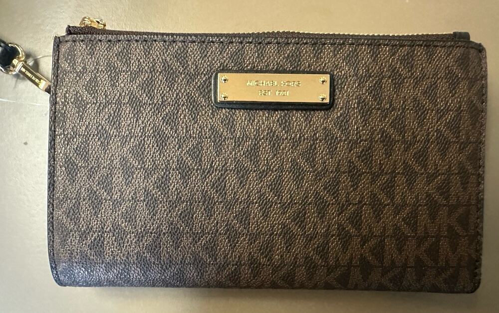 Michael Kors Jet Set East West Phone Wristlet Brown Signature Gold Plate NWT